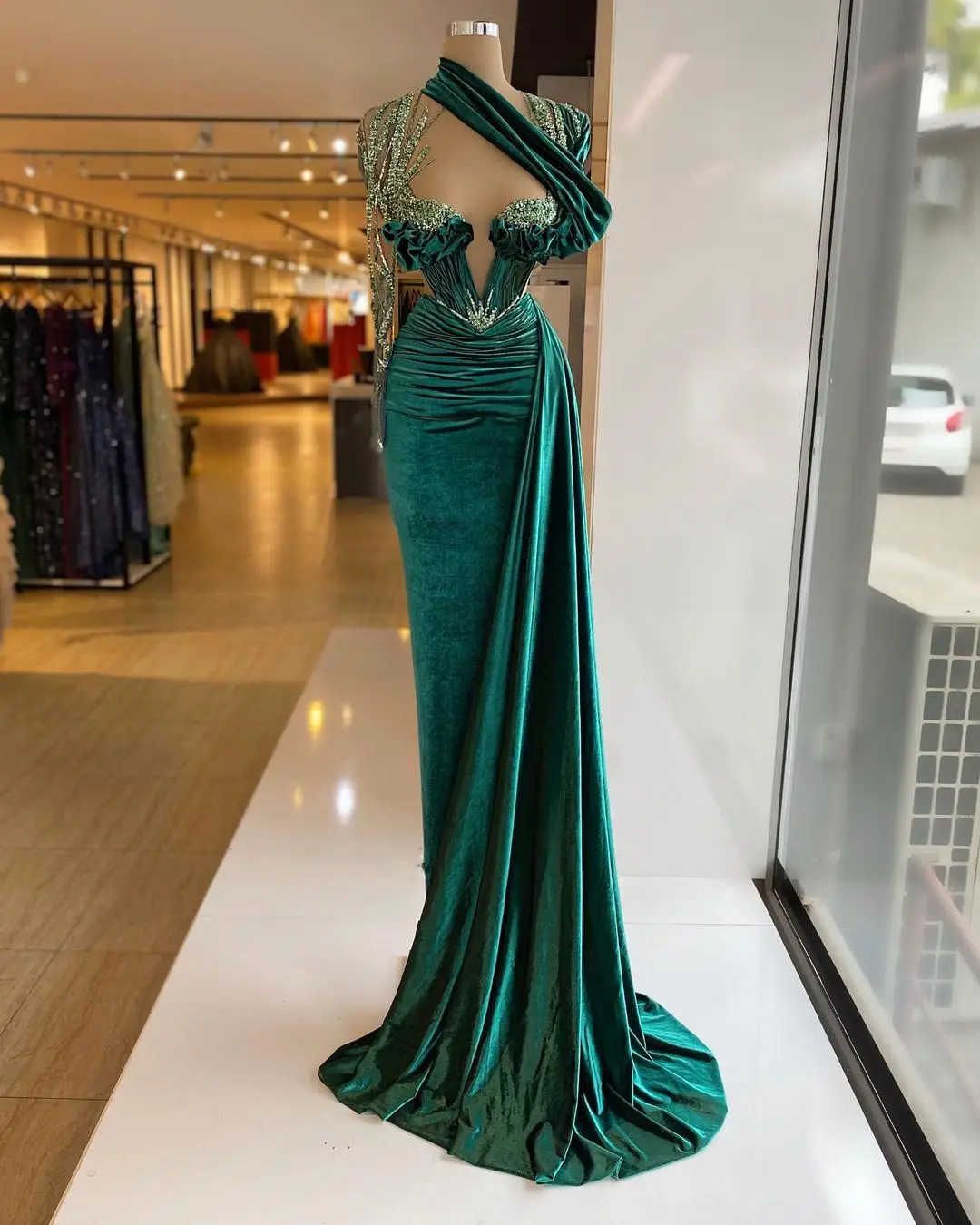 

SoAyle Advanced Custom Green Deep V-Neck Sequin Fringed Slim Long Skirt Ball Party Evening Dress YP2718
