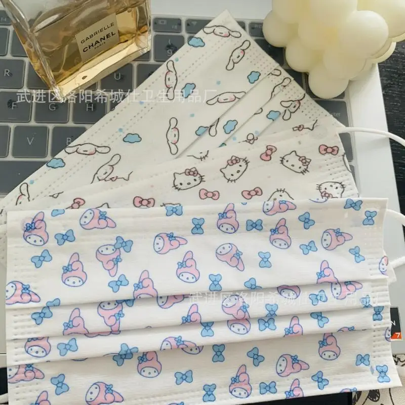 

10 шт. кавайная аниме My Melody Cinnamoroll Kitty Sanrio Милая маска с принтом одноразовая Защитная 3-слойная маска для лица с мультяшным рисунком