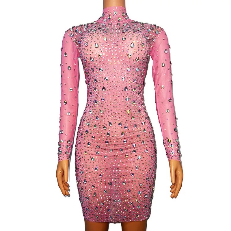 

Роскошное праздничное платье для выпускного вечера, блестящее короткое платье, розовое прозрачное блестящее платье для модели певицы