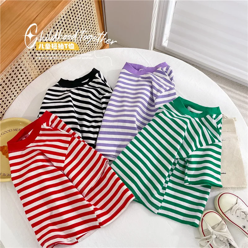 

Футболка в полоску для девочек, детская летняя одежда, Повседневные Спортивные Универсальные топы, модная детская рубашка унисекс с коротким рукавом и круглым вырезом