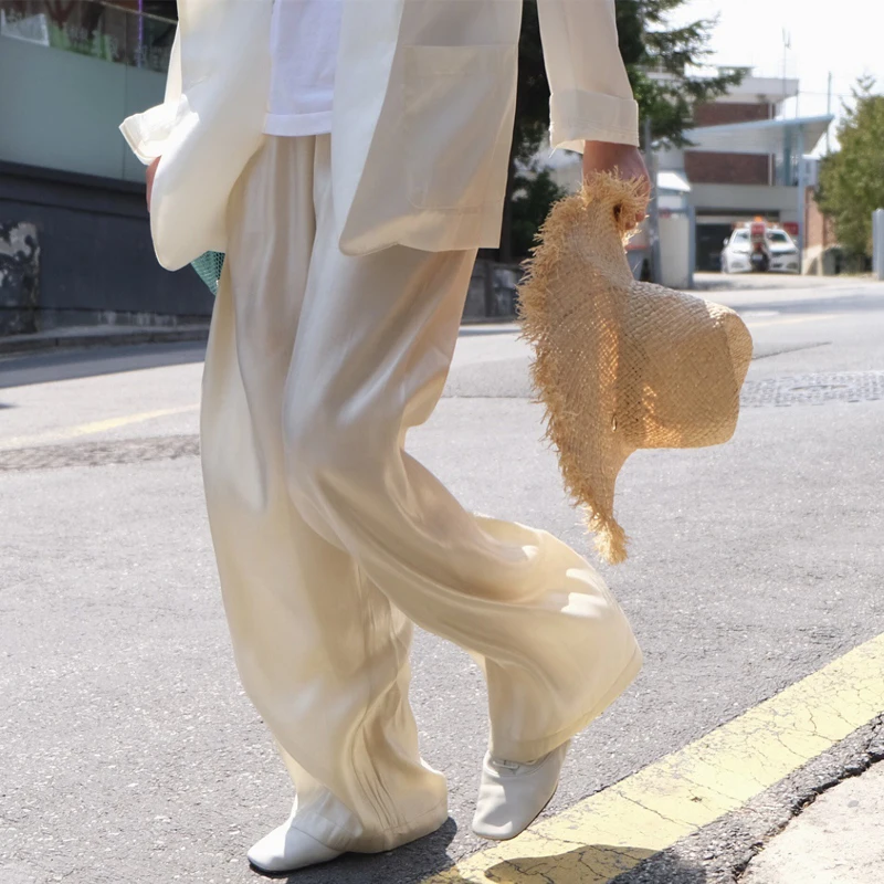 

Summer Women's New Product Korean Version Textured Satin Pants Drape Smooth High Waist Wide Leg Pants Loose Mopping Trousers
