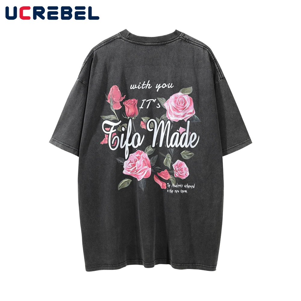 

Футболка мужская с принтом роз, двухсторонняя Свободная рубашка из хлопка с вареным принтом, с круглым вырезом и коротким рукавом, уличная о...