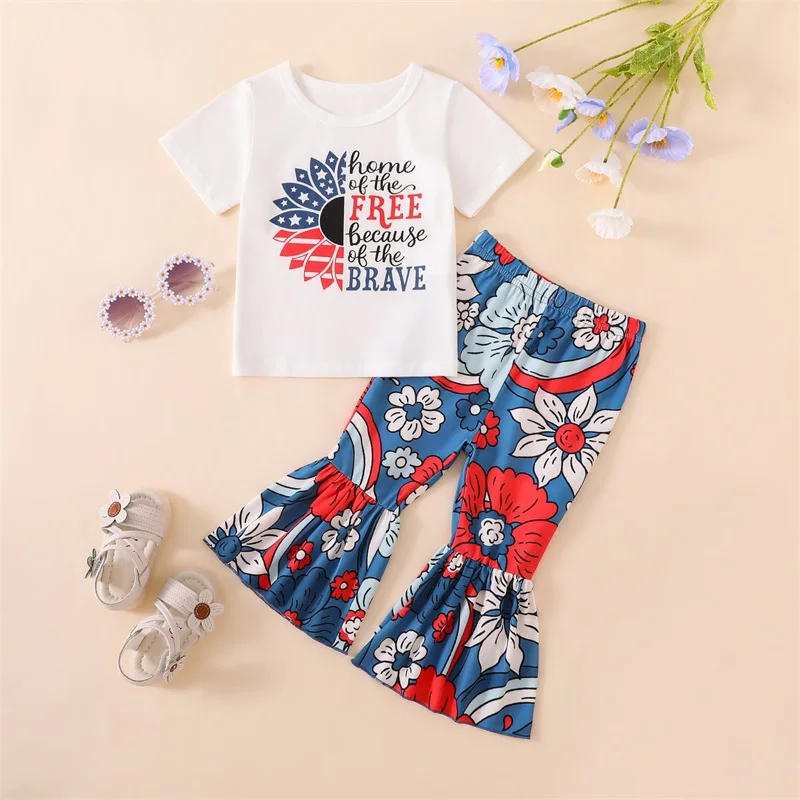 

2023-05-12 Lioraitiin 0-5Years Toddler Girls 4th of July Outfits Short Sleeve Sunflower Letter Print Tops Flare Pants Set