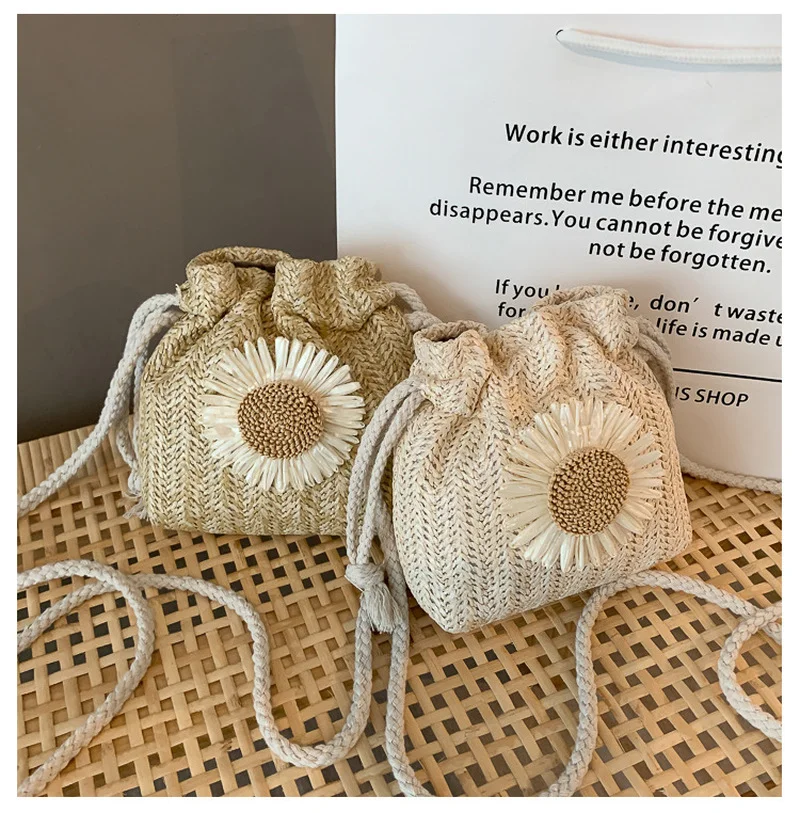 

Casual Straw Bucket Bags Women Summer Messenger Bag Rattan Bags Beach Lady Travel Purses Sunflower Drawstring Shoulder Handbags