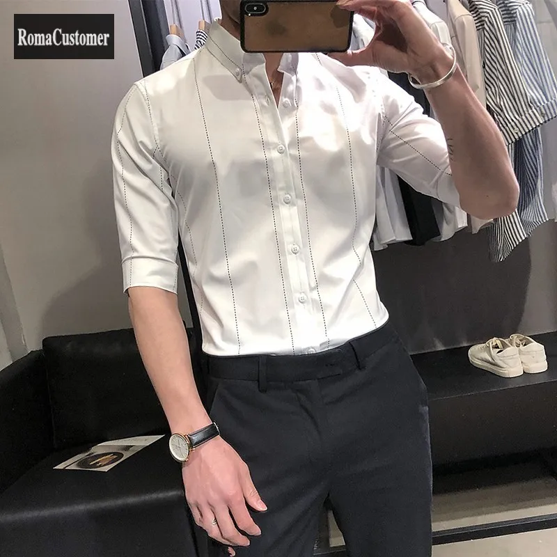 

Shirt Mens Short Sleeve Summer Thin Stripe Three Quarter Sleeve Male Korean Slim Single Breasted Turn-Down Collar Blouse