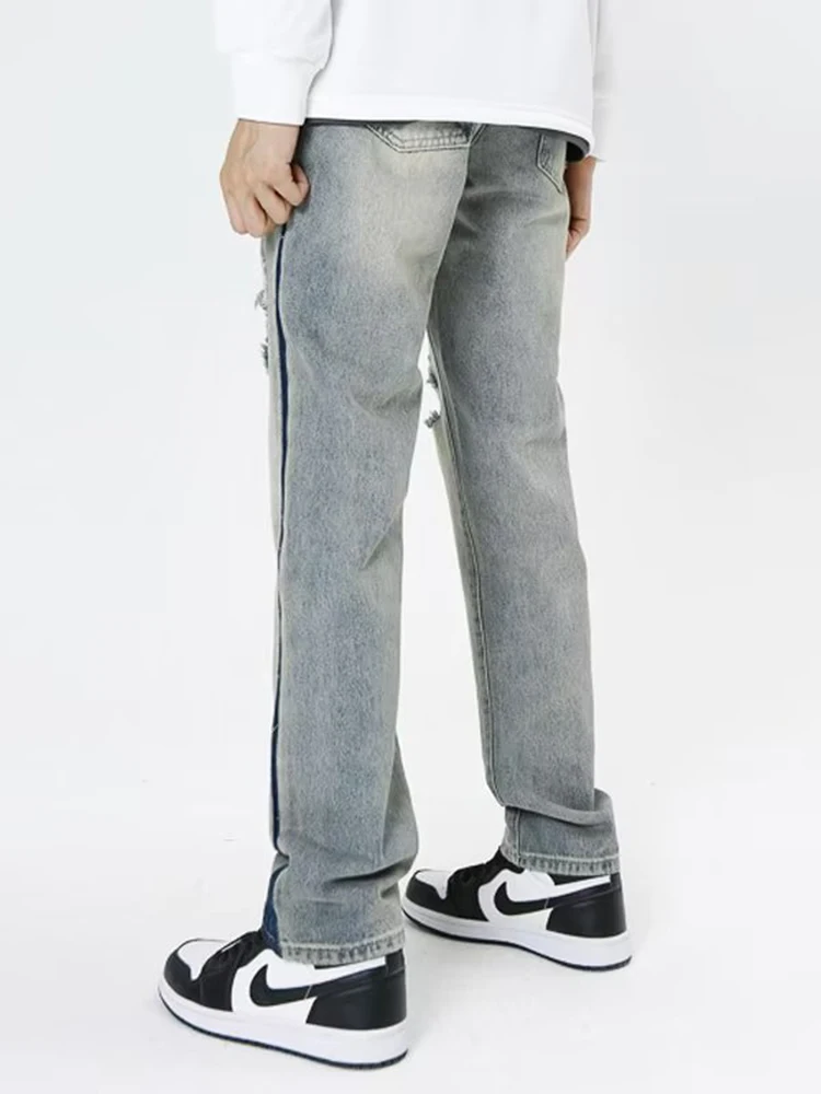 Vintage High Street Hip Hop Tattered Jeans Oversized Side Striped Straight Denim Pants Washed Knee Ripped Denim Jeans for Men