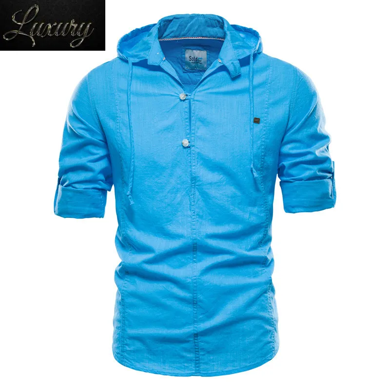 

New Design Hoodied Long Sleeve Linen Shirt Men Solid Color 100% Cotton Quality Pullover for Streetwear 's s