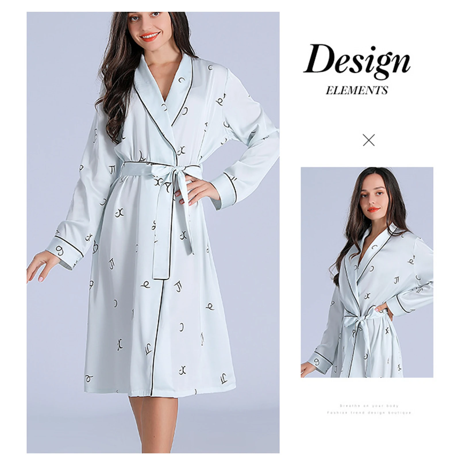 Spring Summer Silk Nightdress Mid-Length Women's Bathrobe Long Sleeve Nightclothes