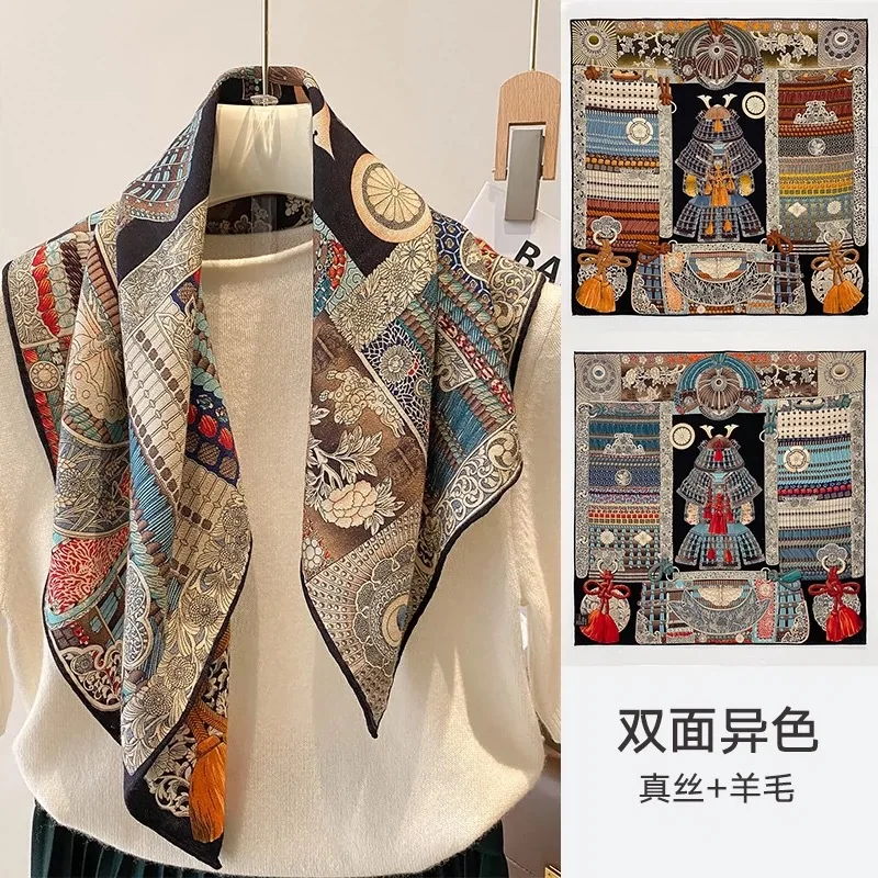 Ретро тотем узор шелк шерсть квадратный шарф для женщин ins дизайн чувствительный