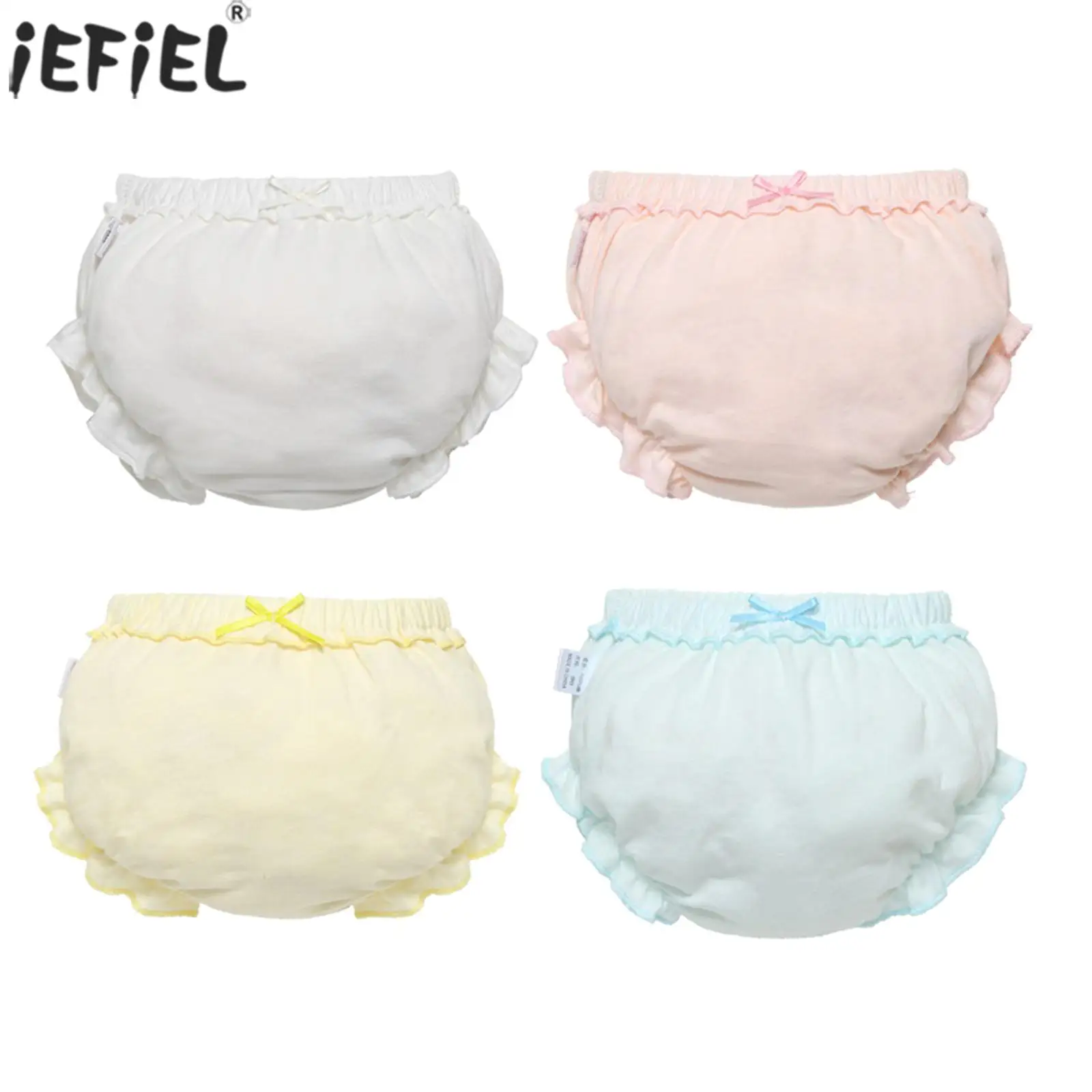 

4 Pcs Baby Girls Casual Clothing Elastic Waistband Ruffle Edge Bowknot Decor Waist Solid Color Briefs Infant Baby Diapers Cover