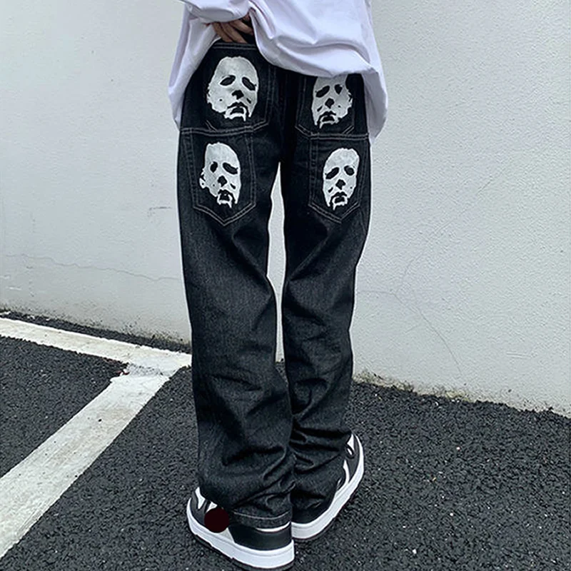 Y2K Casual Skull Straight Wide Leg Jeans for Unisex Fashion Streetwear Cargo Pants Baggy Denim Trousers Low Rise Jeans Clothes