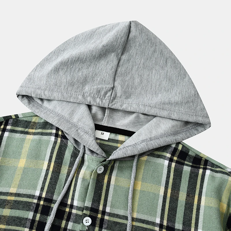 Parklees 2023 New Green Checked Hooded Shirts for Men Long Sleeve Cotton Plaid Shirt Coat Fashion Casual Hip Hop Streetwear Tops