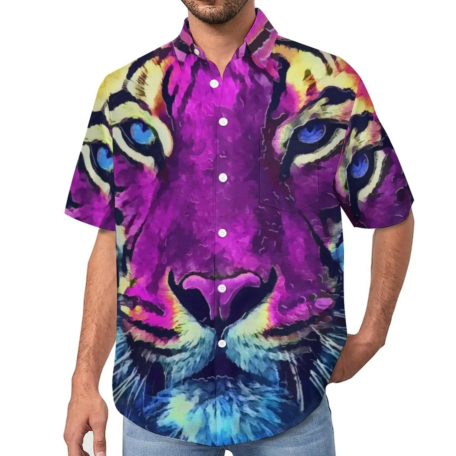 

Tiger Purple Spirit Loose Shirt Man Vacation Animal Print Casual Shirts Hawaii Design Short Sleeve Novelty Oversized Blouses