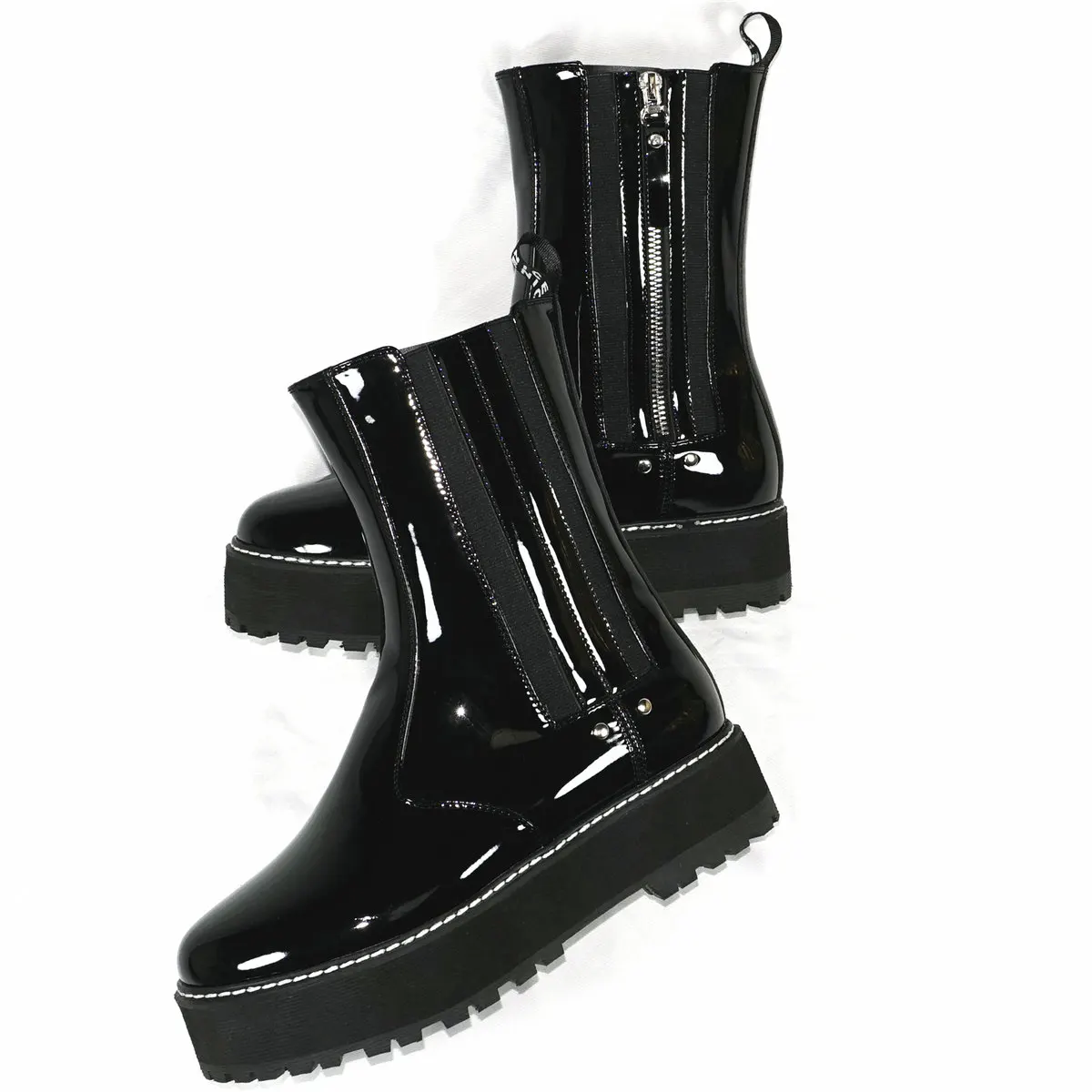 Flat With Med Heels Creepers Women Black Patent Leather Platform Pumps Female High Top Round Toe Fashion Sneakers Casual Shoes