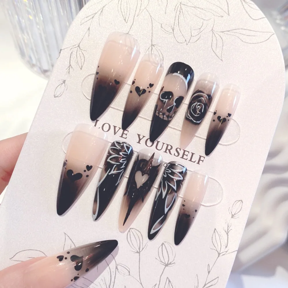 Накладные ногти в стиле фанк розы на Хэллоуин с черепом полное покрытие длинные