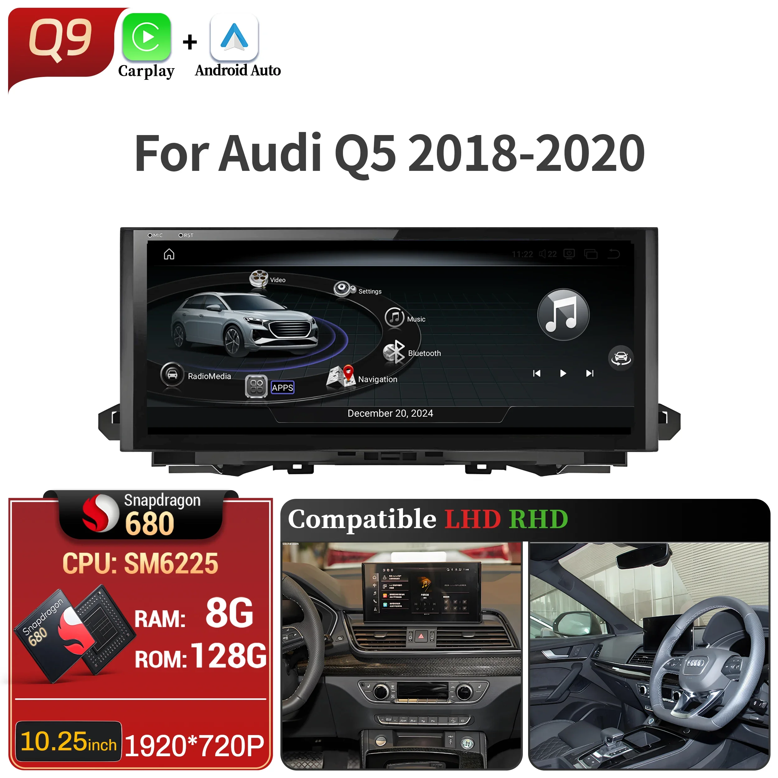 

10,25-дюймовый Android 13 для Audi Q5 2018-2020, автомобильный радиоприемник, беспроводной Bluetooth Carplay, Qualcomm Snapdragon 680, сенсорный экран головного устройства