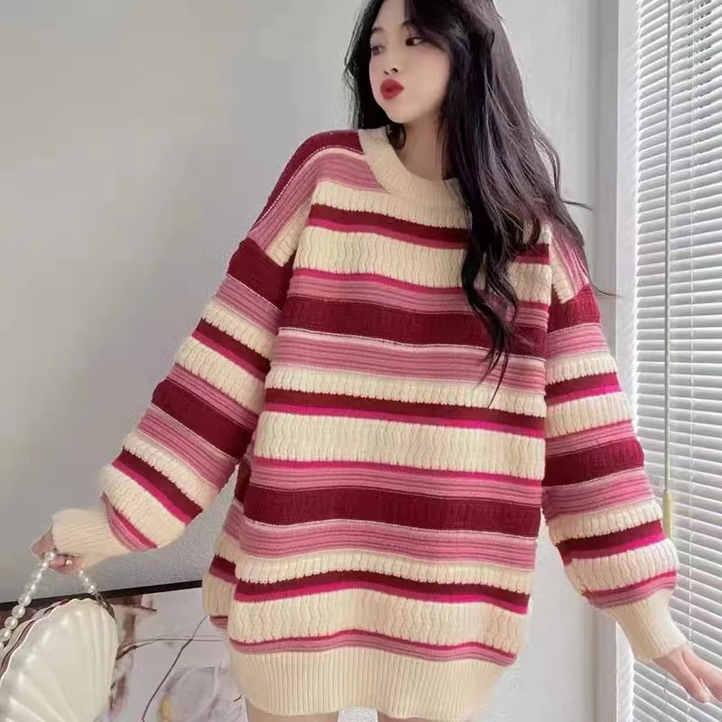 

MEXZT Japanese Striped Oversize Loose Sweater Pullovers Women Vintage Harajuku Sweet Lazy Wind Autumn Winter Female Y2k Tops