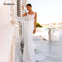 white satin wedding dress sleeveless backless appliques square neck back zipper long train bride gown elegant ladies gelinlik