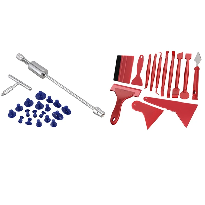 

1X Paintless Dent Repair Hail Removal T Bar Slide Hammer+18Pcs Glue Puller Tabs Nin & 13PCS Set Auto Car Wrap Film Tools