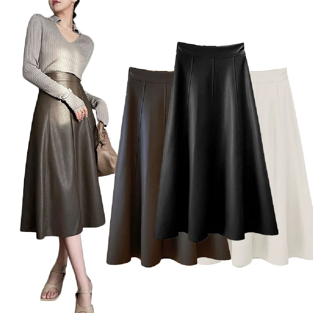 

Осенне-зимняя женская юбка из искусственной кожи, длинная юбка с высокой талией, винтажная Классическая трапециевидная юбка
