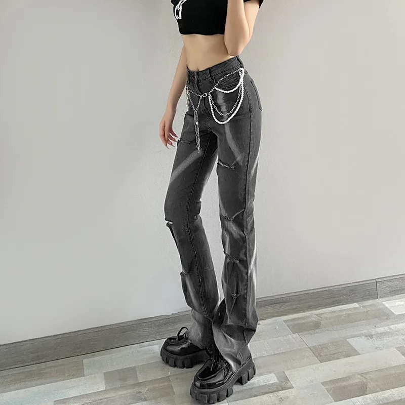 Women's High Waist Slimming Printed Straight-leg Ripped Casual Street Style Jeans Punk Aesthetics Skinny Y2K Streetwear Trousers
