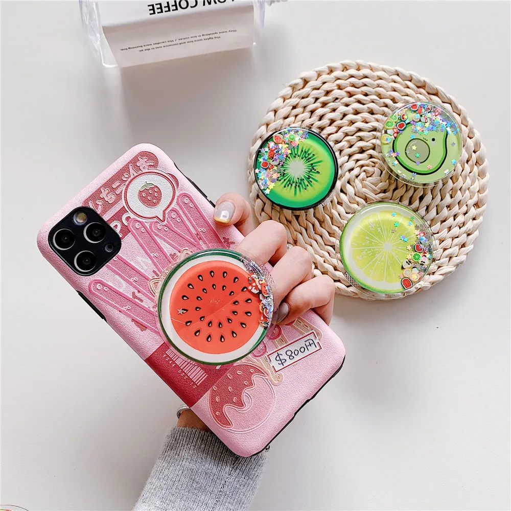 Cute Summer Fruit Soft Phone Holder Stand Flower Avocado Lemon Glitter Mobile Grip for iPhone 11 XR 7 8 Ring Holder Kawaii Girl