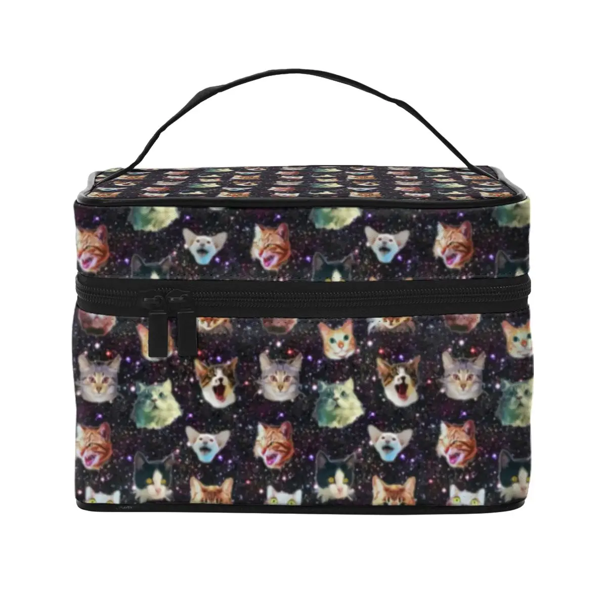 

Star Galaxy Print Cosmetic Bags Funny Cat Heads Multi-purpose Daily Storage Organizers with HandleTravel Woman's Makeup Pouch