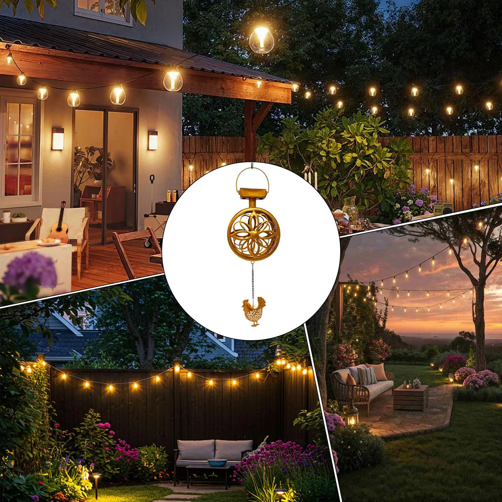 Фото Солнечный уличный подвесной светильник-колокольчик из железа в форме цветка, водонепроницаемый, декоративный, для создания атмосферы в саду, на балконе, во дворе №5