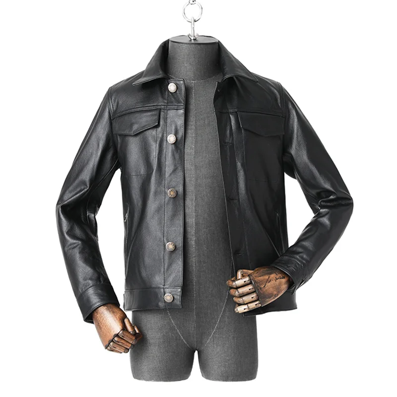 

Spring Autumn Fashion Top Layer Cowhide Jacket Men's Pure Leather Coat Outdoor Sport Labor Travel Riding Hunting Lapel Fit Short