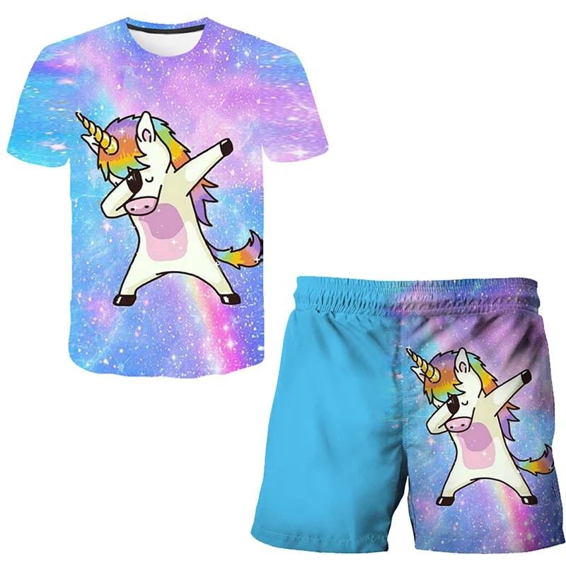 

More color Summer Short sleeve Kids Lovely Unicorn Print 3D T Shirt+Short Pants Suit Cartoon Casual T-Shirt Girls T Shirt Set