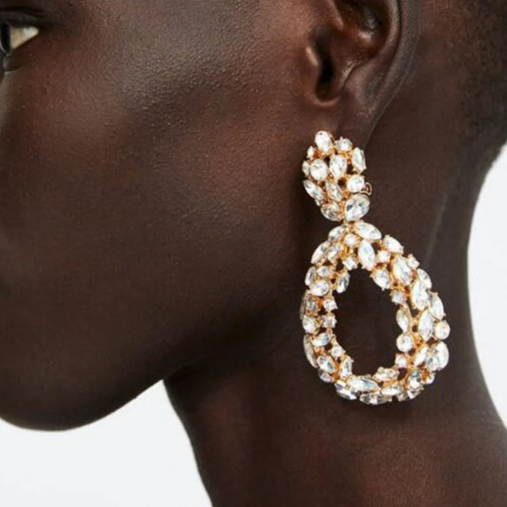 

2 Pcs Trend Shiny Rhinestone Hoop Earrings Women's Hollow Water Drop Earrings Party Wedding Fashion Luxury Jewelry Accessories