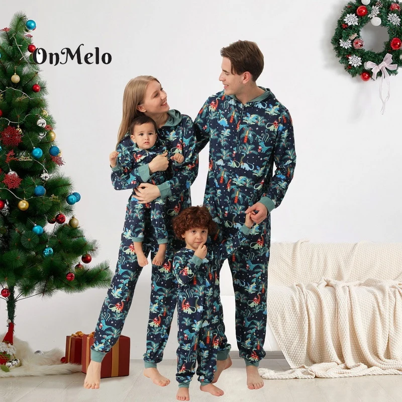 OnMelo Onesies Christmas Family Matching Pajamas Dinosaur Father Mother Children Baby Sleepwear Mommy and Me Xmas Clothes 2022