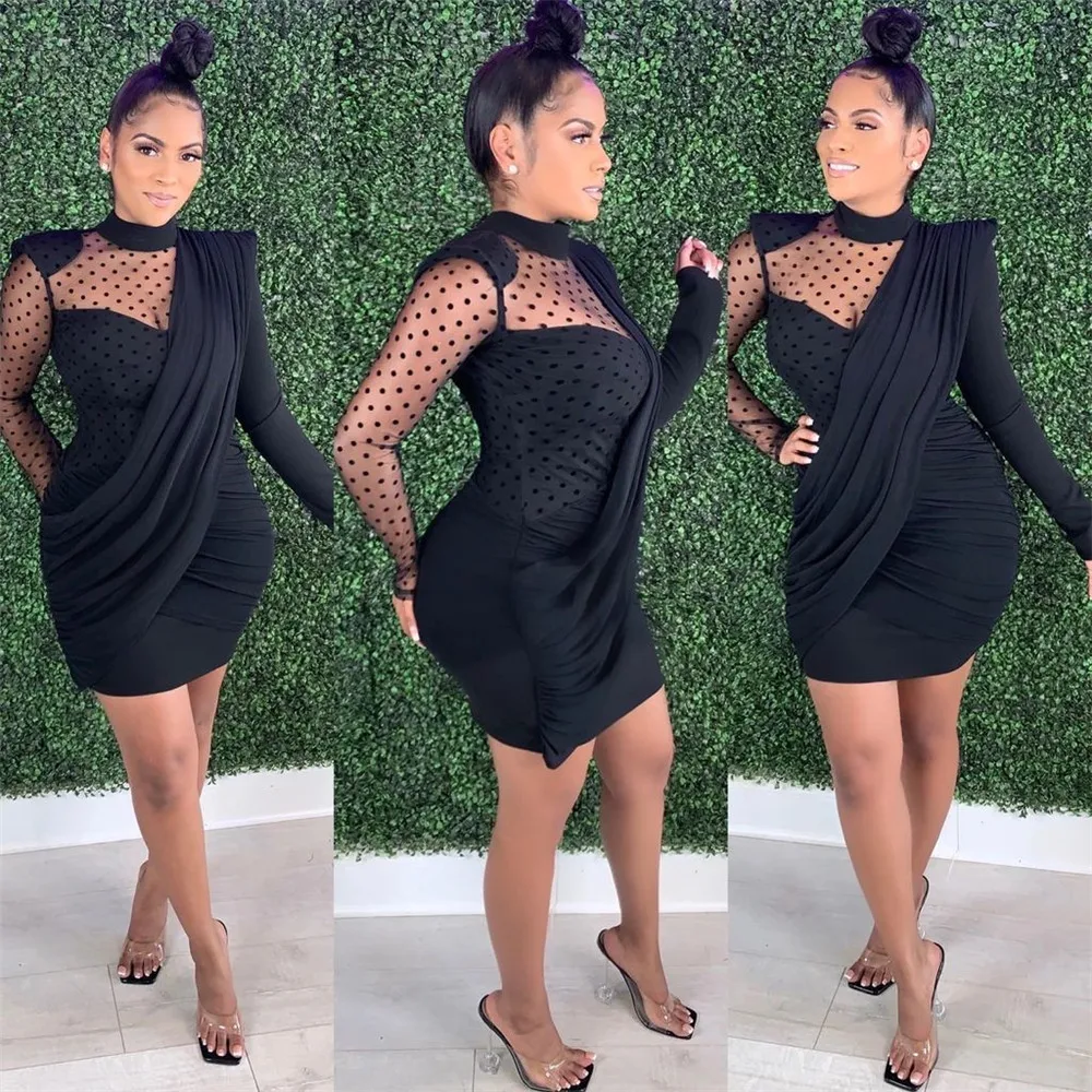 

Платье однотонное в стиле пэчворк с длинным рукавом, модная сетчатая юбка в горошек, новинка сезона осень-весна 2022, вечерние платья с длинны...