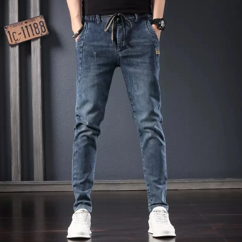 Elastic Waist Blue Jeans Men Casual Slim Fit Pencil Pants Fashion Korean Style Drawstring Denim Trousers CP2176