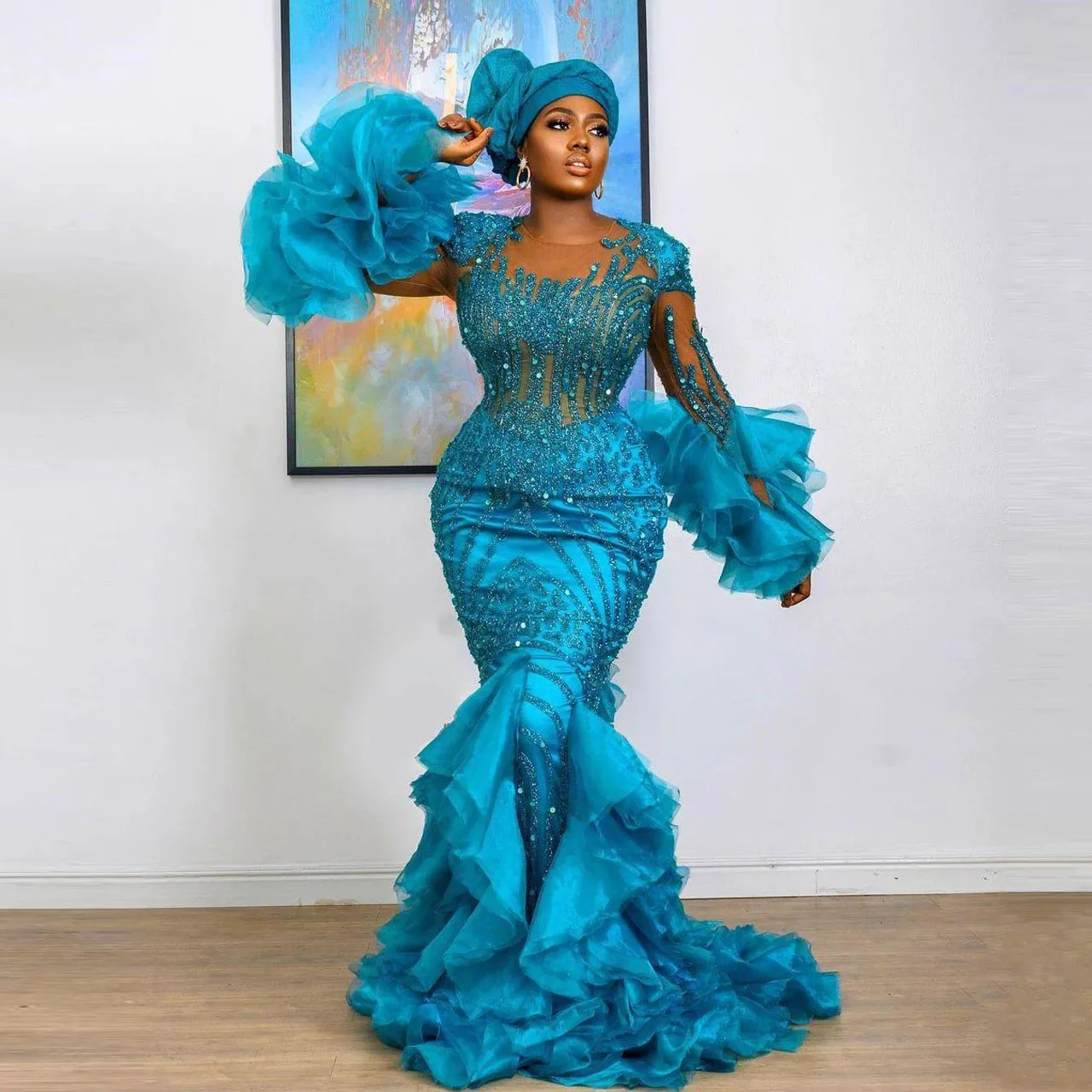 

Luxury Beaded Aso Ebi Style Prom Dresses Chic Ruffled Mermaid Evening Dress African Women Sequined Glitter Formal Party Gowns