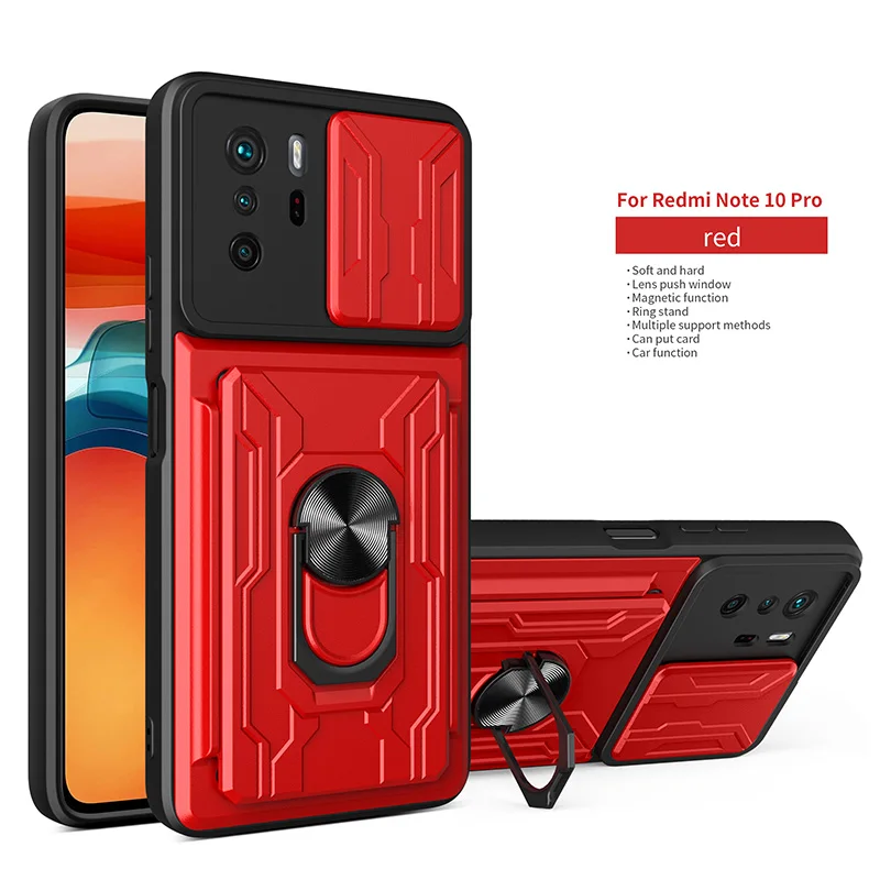 

Card Slot Bag Phone Case For Redmi 9A 9C Note 9 9s 10 10s Pro Plus 4G 5G Shockproof Armor Stand Slide Door Camera Magnetic Cover