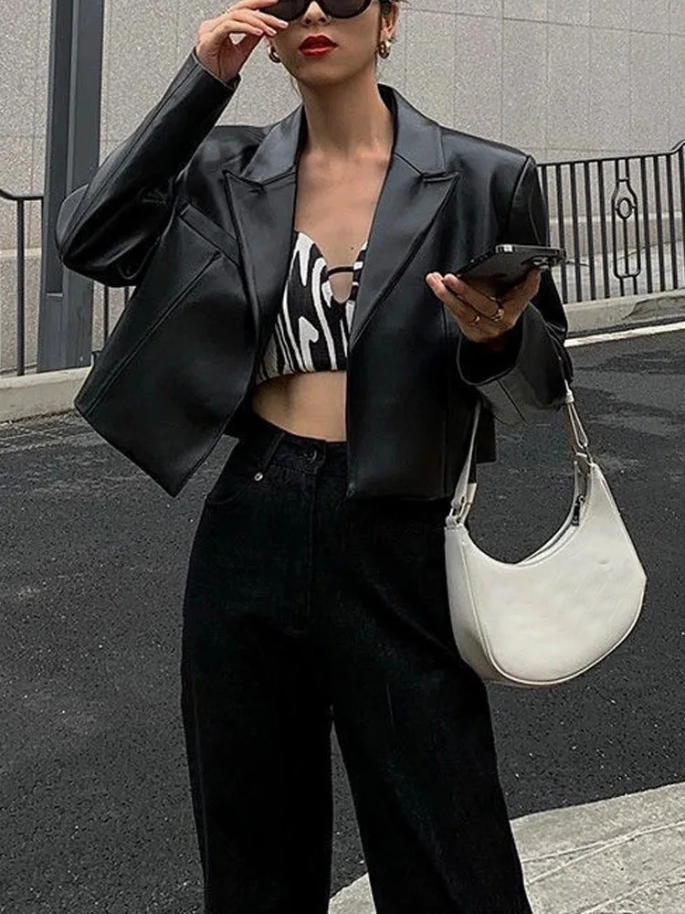 

Short Black Leather Jacket Women 2023 Summer Streetwear Korean Fashion PU Biker Jacket Female High Waist Outerwear Moto Coat New