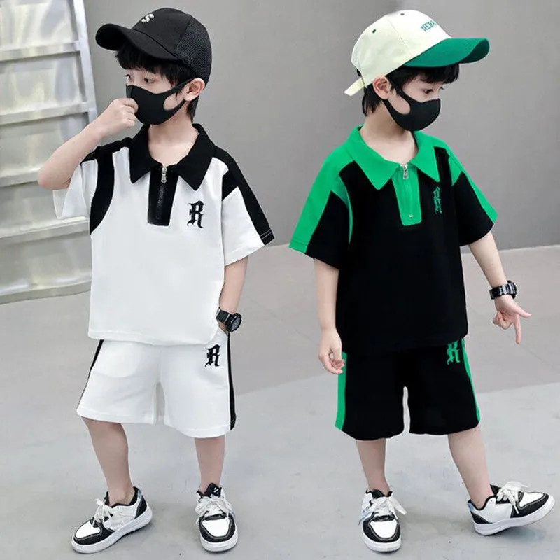 

Streetwear 2023 Summer Polo Set Boy New Suit Teen 2PC Shorts Sleeve Tees Shirt Top Clothes Patchwork Clothing Fashion Soft Cool