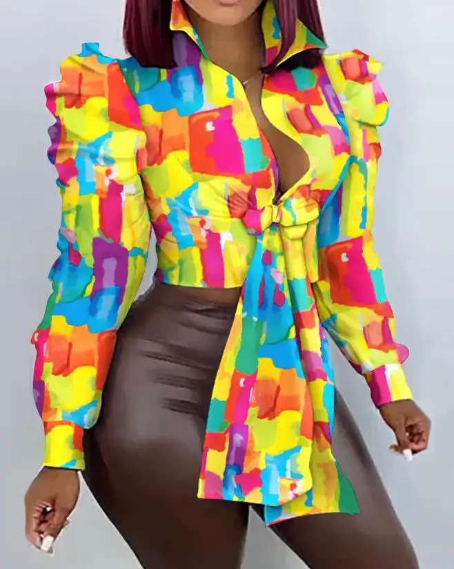

Fashion Woman Blouses 2023 Spring Tie Dye Print Knotted Detail Puff Sleeve Casual Turn-Down Collar Long Sleeve Daily Crop Top