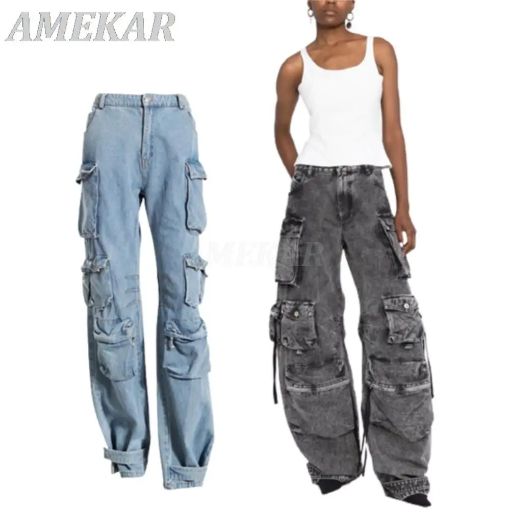 Women Loose Multi Pocket Wide Leg Jeans 2023 Spring Fashion Casual Long Denim Trousers Lady New Harajuku Y2K Street Denim Pant