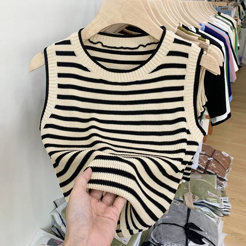 Skinny Striped suspender tank tops for women’s summer Vest outerwear O-neck slimming and short sleeveless ice silk knit tops Skinny Striped suspender tank tops for women’s summer Vest outerwear O-neck slimming and short sleeveless ice silk knit tops