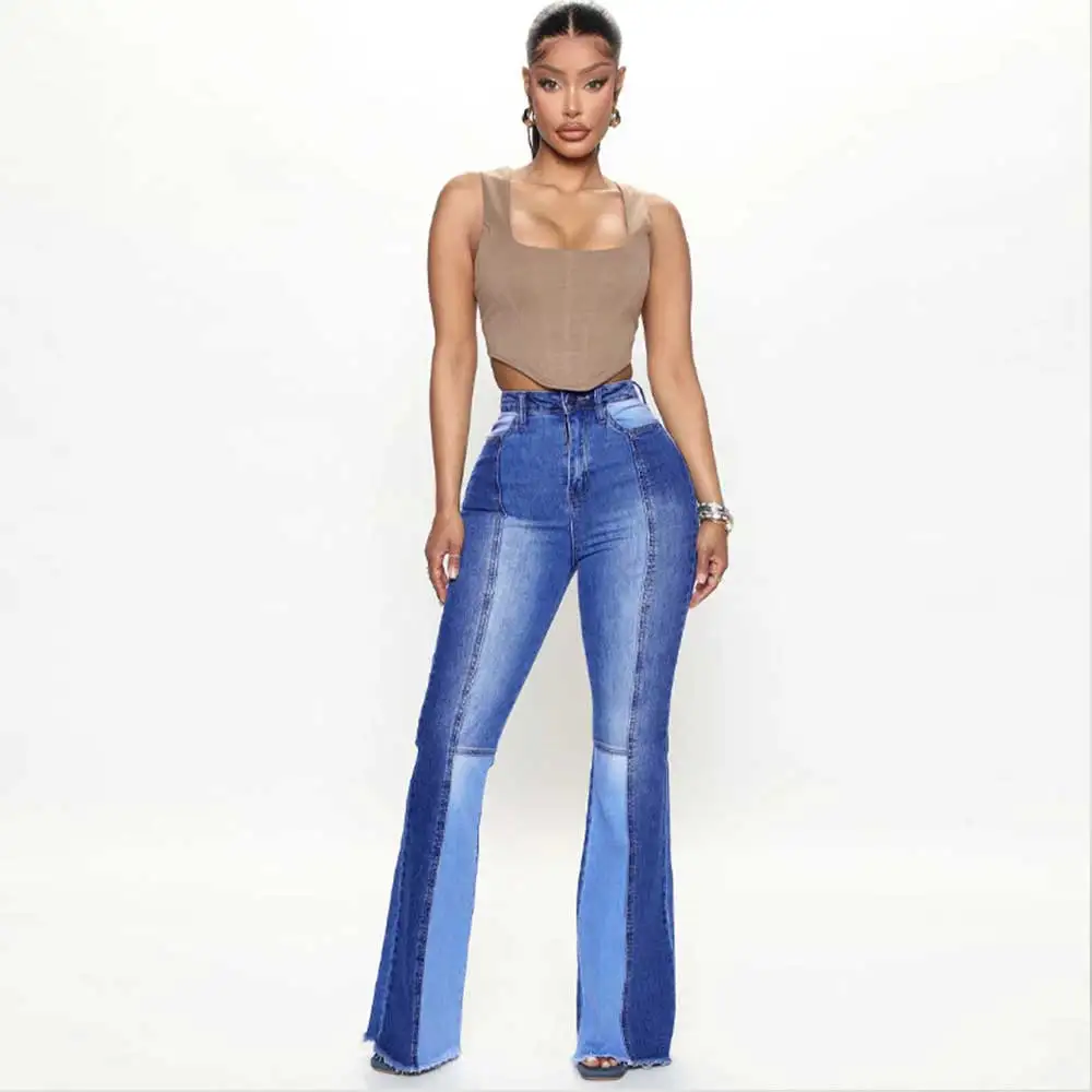 

Женские джинсы 2023, европейские и американские взрывоопасные эластичные модные двухцветные Брюки-клеш с высокой талией в стиле пэчворк