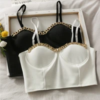 hot metal chain decoration wrapped chest inside vetement femme crop top women gathered tight wear thin bra sexy corset top 2022