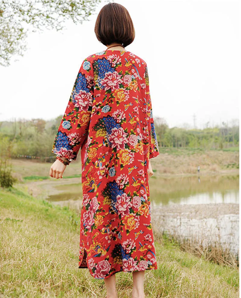 Женское платье с длинным рукавом классическое хлопково-льняное принтом в