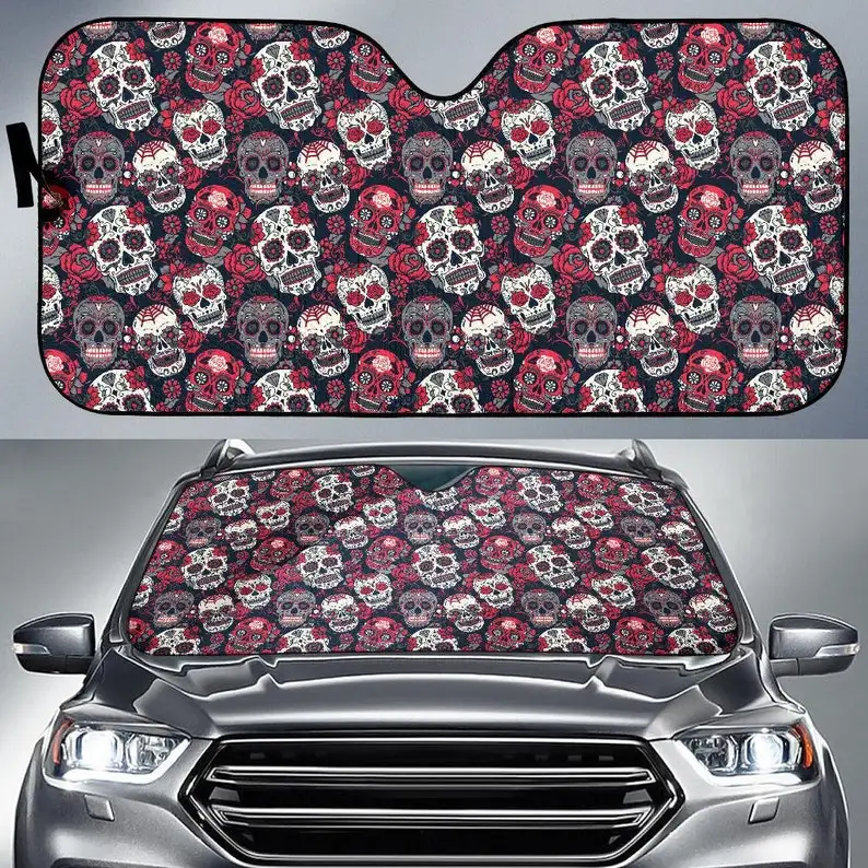 

Sugar Skulls & Roses Car Windshield Sun Shade, Visor, Car Accessory, Dark, Skulls, Roses