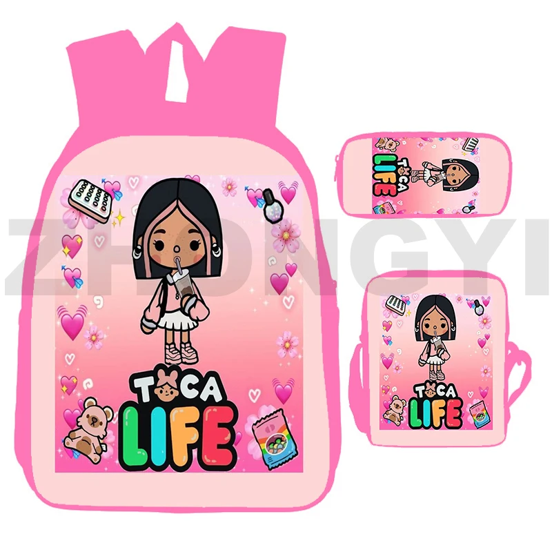 Hot 3 Pcs/Set 3D Toca Life World Backpack New Year Gift for Children Student Cartoon Cute Pink Teen Girls Bookbags Outdoor Bags