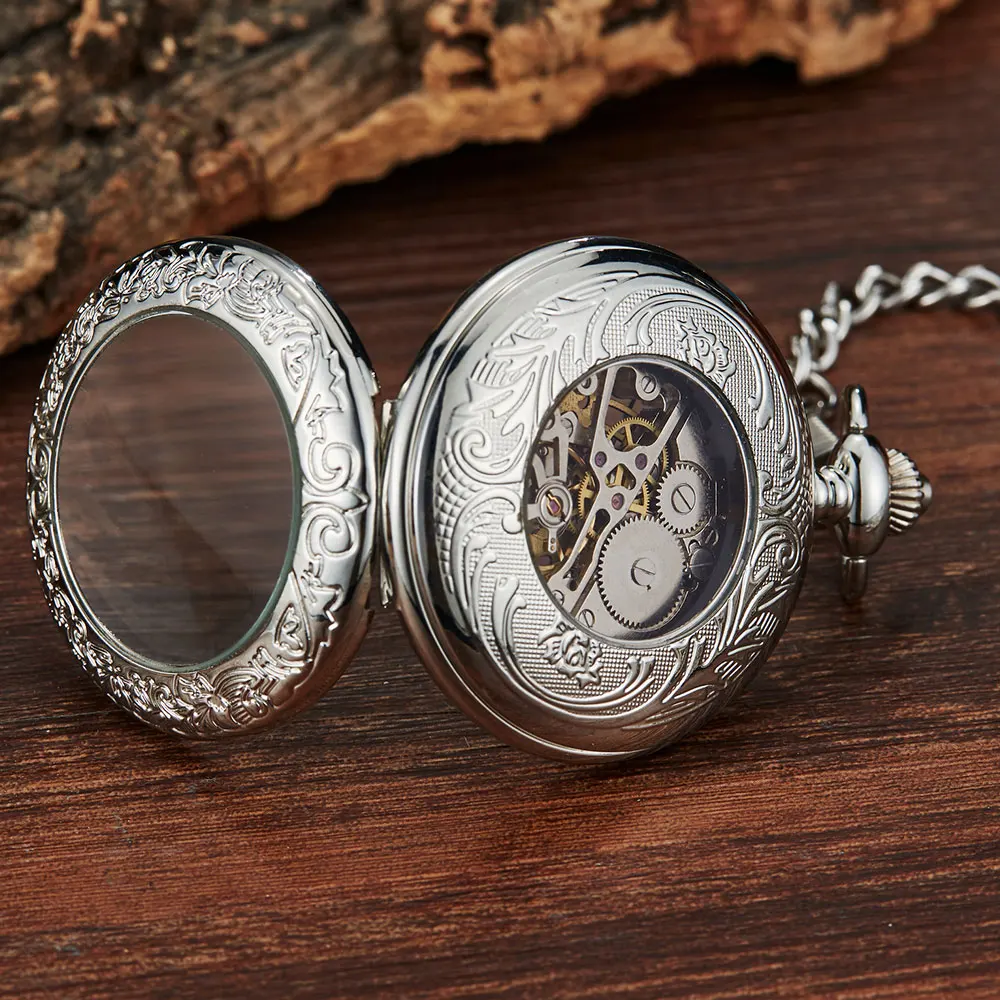 Sliver Steampunk Automatic Mechanical Skeleton Pocket Watches Men Women Luxury Brand Hand Wind Necklace Pocket & Fob Chain