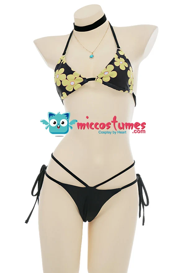 

haikyuu Women Anime Bikini Set Swimsuit Yellow Flower Prints Lace Up Top Bottoms Two Piece Bathing Suit Swimwear with Choker