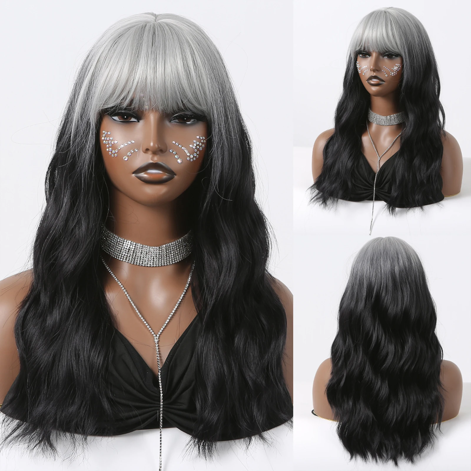 

Black Grey Ash Blonde Long Synthetic Wigs with Bangs Long Wavy Cosplay Lolita Wig for Women Natural Looking Hair Heat Resistant
