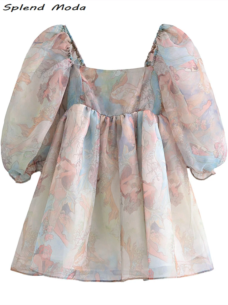 

Splend Moda Summer New Fashion Casual Organza Vintage Print Square Collar Puff Sleeve Mini Puffy Dress For Women Vestido